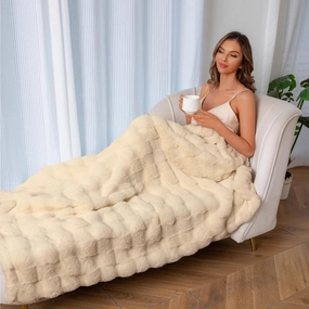 The Southampton Blanket - Faux Fur Basketweave Throw Blanket 60"x70" Shoreline Beige - Luxuriously Soft Cozy Warm Gift for Women, Plush Silky Fuzzy Weighted Reversible Design Home Decor