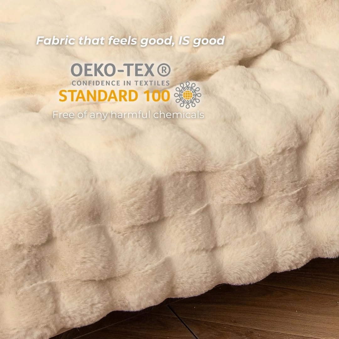 The Southampton Blanket - Faux Fur Basketweave Throw Blanket 60"x70" Shoreline Beige - Luxuriously Soft Cozy Warm Gift for Women, Plush Silky Fuzzy Weighted Reversible Design Home Decor