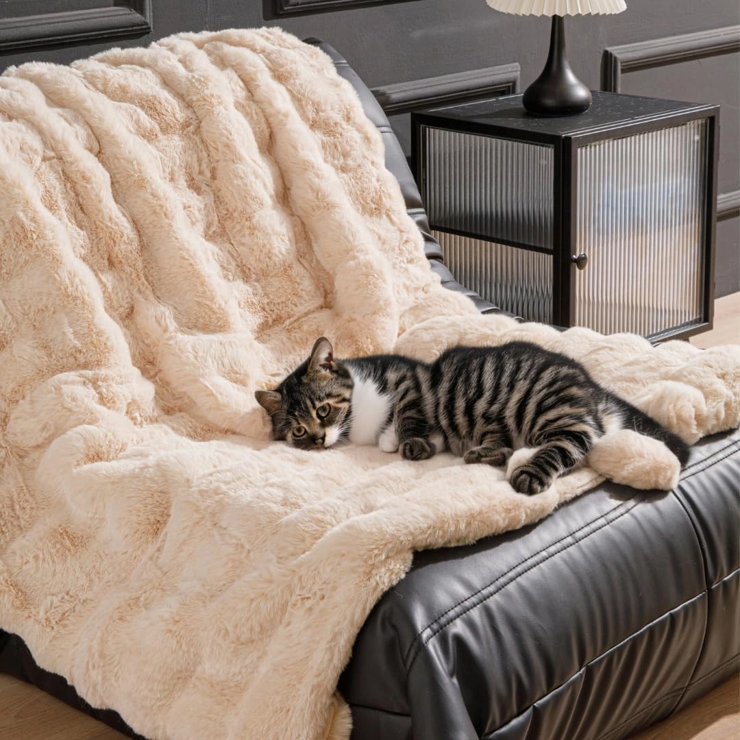The Southampton Blanket - Faux Fur Basketweave Throw Blanket 60"x70" Shoreline Beige - Luxuriously Soft Cozy Warm Gift for Women, Plush Silky Fuzzy Weighted Reversible Design Home Decor