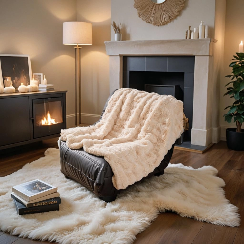 The Southampton Blanket - Faux Fur Basketweave Throw Blanket 60"x70" Shoreline Beige - Luxuriously Soft Cozy Warm Gift for Women, Plush Silky Fuzzy Weighted Reversible Design Home Decor