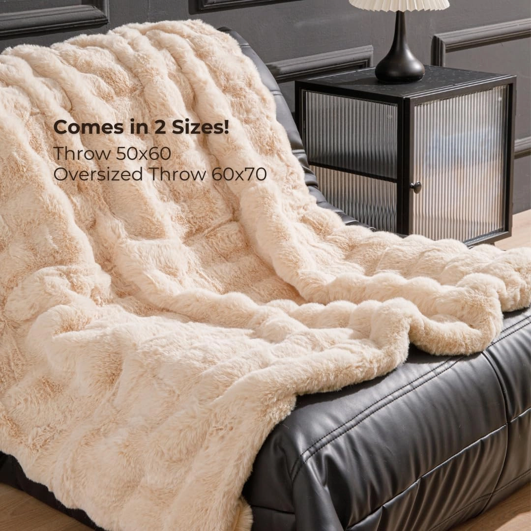 The Southampton Blanket - Faux Fur Basketweave Throw Blanket 60"x70" Shoreline Beige - Luxuriously Soft Cozy Warm Gift for Women, Plush Silky Fuzzy Weighted Reversible Design Home Decor