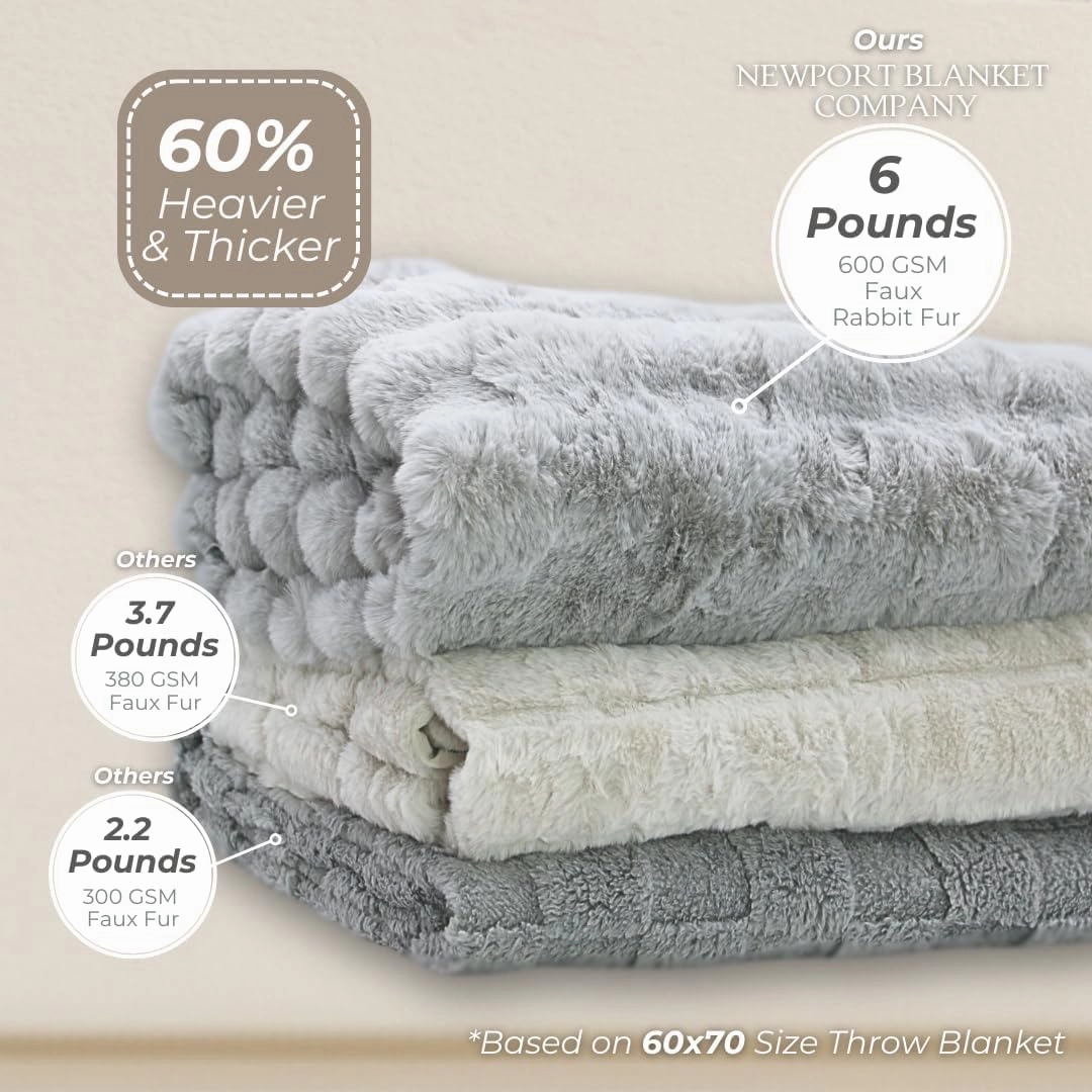 The Southampton Blanket - Faux Fur Basketweave Throw Blanket 60"x70" Shoreline Beige - Luxuriously Soft Cozy Warm Gift for Women, Plush Silky Fuzzy Weighted Reversible Design Home Decor