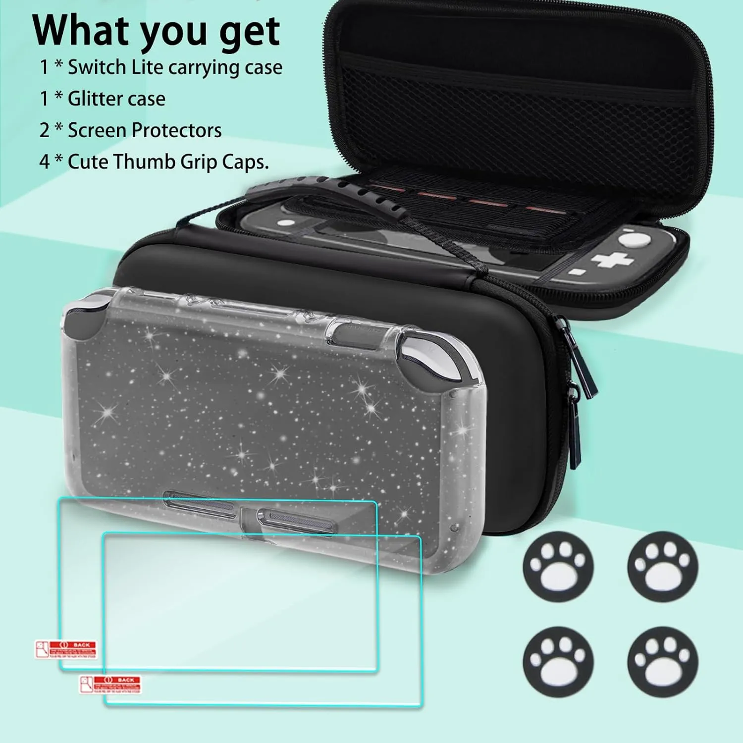 TIKOdirect Carrying Case for Nintendo Switch lite, Pink Shockproof Portable Travel Bag with Large Storage, Glitter Galaxy cover, Screen Protectors, Cute Cat Claw Thumb Grips Caps, Black