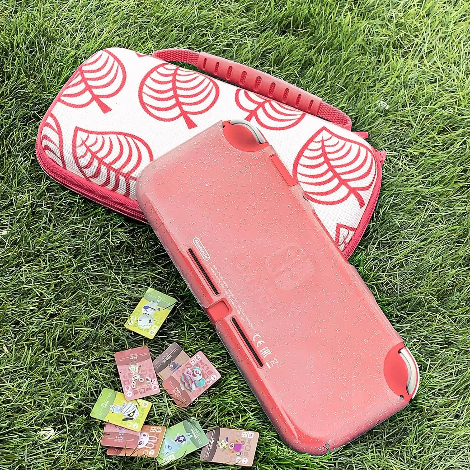 TIKOdirect Carrying Case for Nintendo Switch lite, Shockproof Portable Travel Bag with Glitter Galaxy cover, Screen Protectors and Cute Leaf Thumb Grips Caps, Animal Crossing Pink