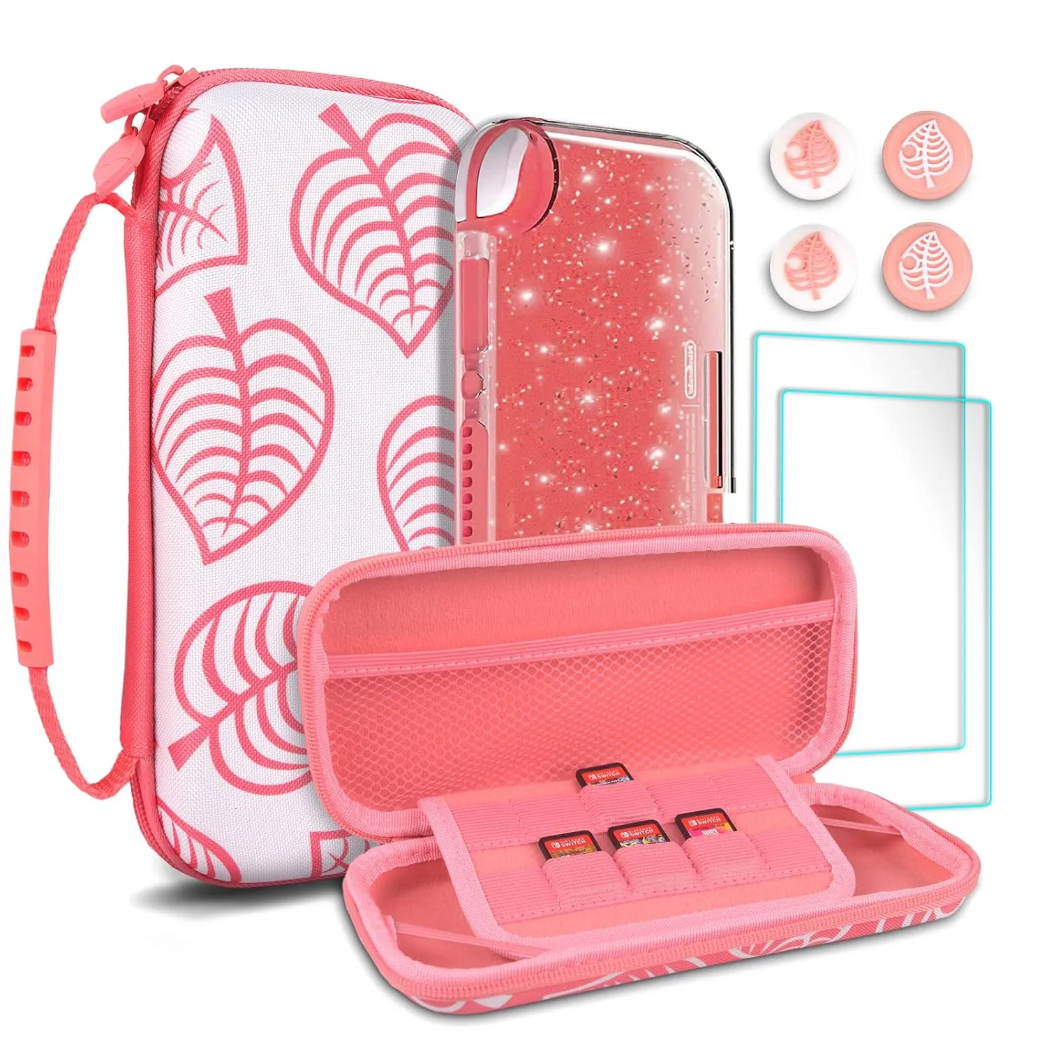 TIKOdirect Carrying Case for Nintendo Switch lite, Shockproof Portable Travel Bag with Glitter Galaxy cover, Screen Protectors and Cute Leaf Thumb Grips Caps, Animal Crossing Pink