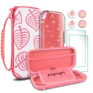 TIKOdirect Carrying Case for Nintendo Switch lite, Shockproof Portable Travel Bag with Glitter Galaxy cover, Screen Protectors and Cute Leaf Thumb Grips Caps, Animal Crossing Pink