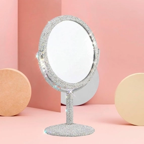 TISHAA Bling Makeup Vanity Mirror - Luxury Stand Double-Sided Regular Glass Mirror, Crystal Rhinestone Diamond Glitter, Portable for Desk, Bathroom, Bedroom, Tabletop (White Regular Lens Version)