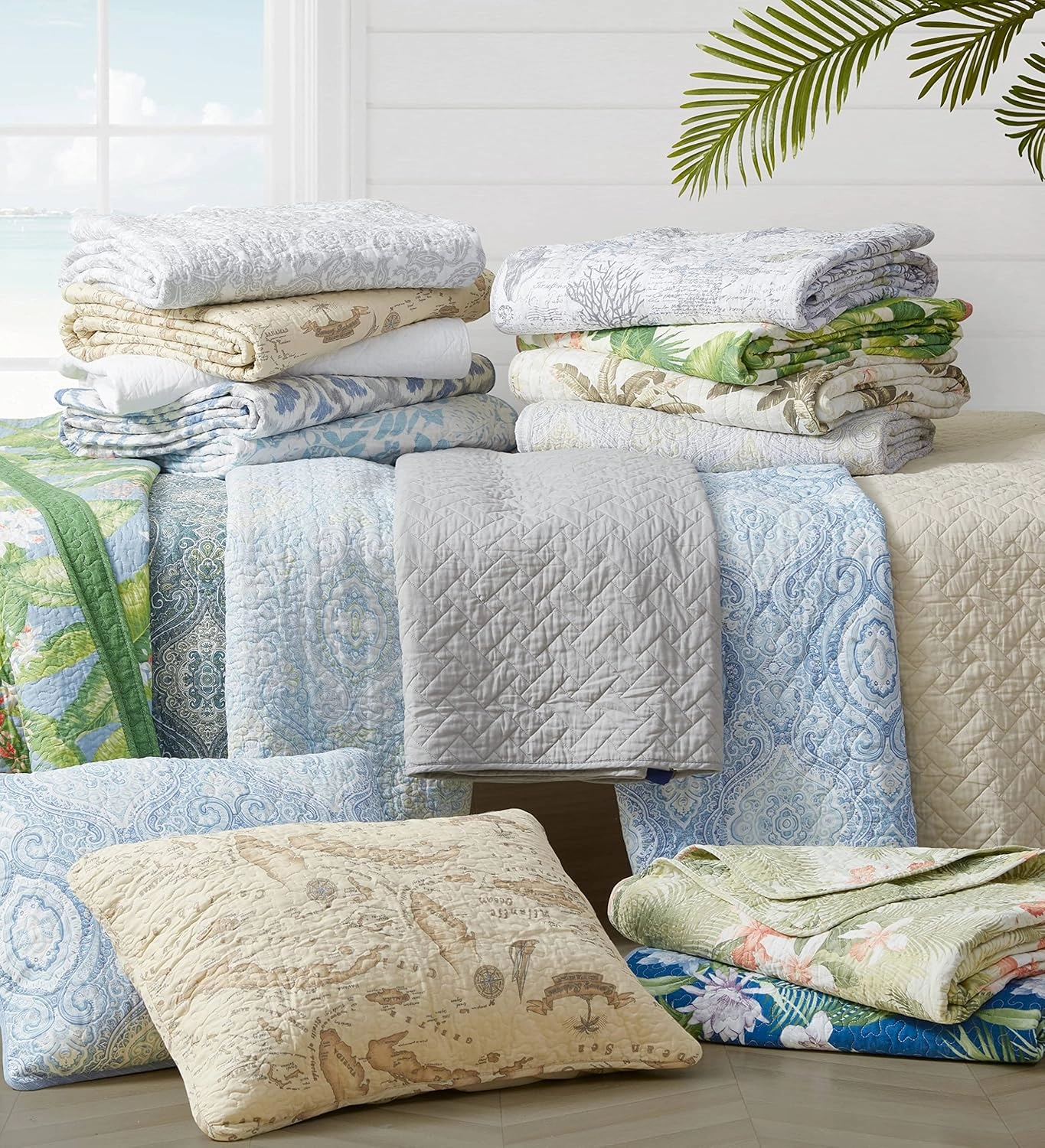 Tommy Bahama - King Quilt Set, Reversible Cotton Bedding with Matching Shams, Coastal Bedding Set for All Seasons (Aregada Dock Ecru Beige, King)