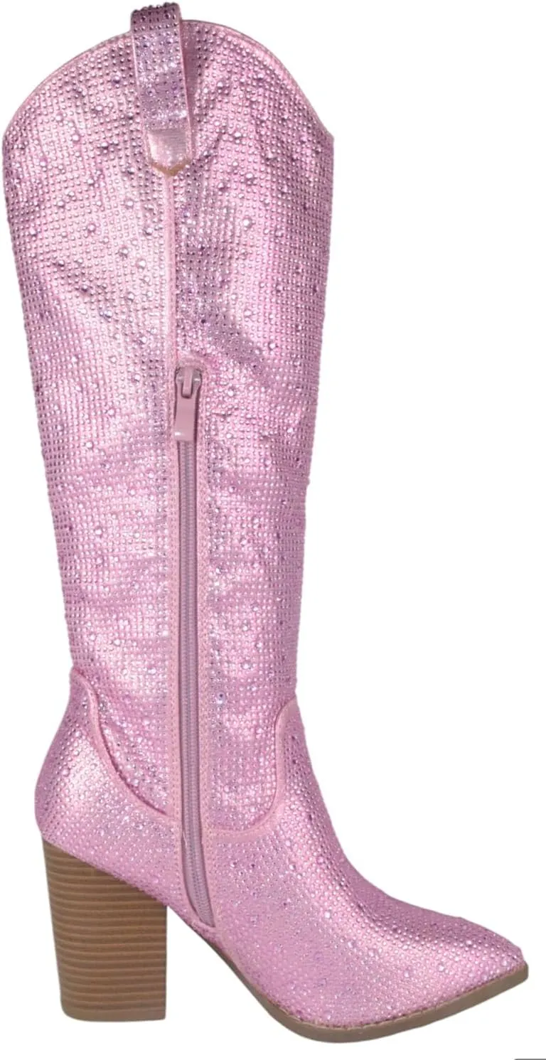 TOP Moda Women Knee High Boots Block High Heels Rhinestone Bling Glitter Side Zipper Pointed-Toe IMOGEN-38