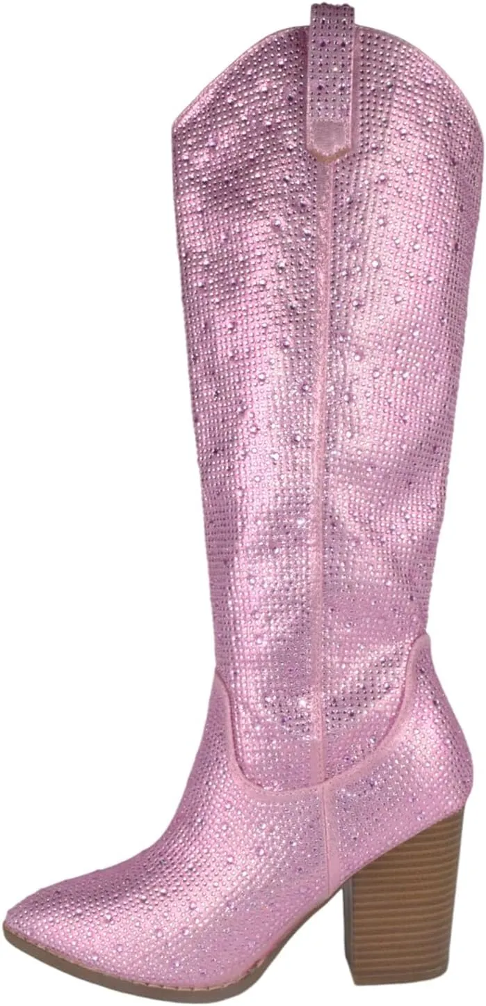 TOP Moda Women Knee High Boots Block High Heels Rhinestone Bling Glitter Side Zipper Pointed-Toe IMOGEN-38