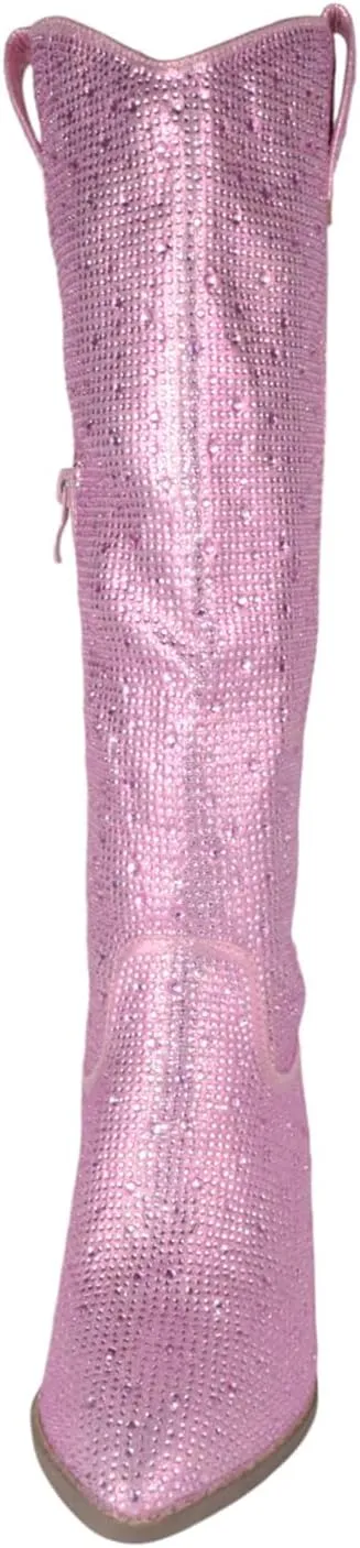 TOP Moda Women Knee High Boots Block High Heels Rhinestone Bling Glitter Side Zipper Pointed-Toe IMOGEN-38