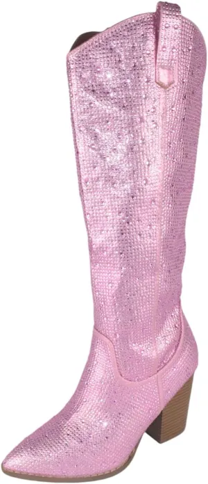 TOP Moda Women Knee High Boots Block High Heels Rhinestone Bling Glitter Side Zipper Pointed-Toe IMOGEN-38