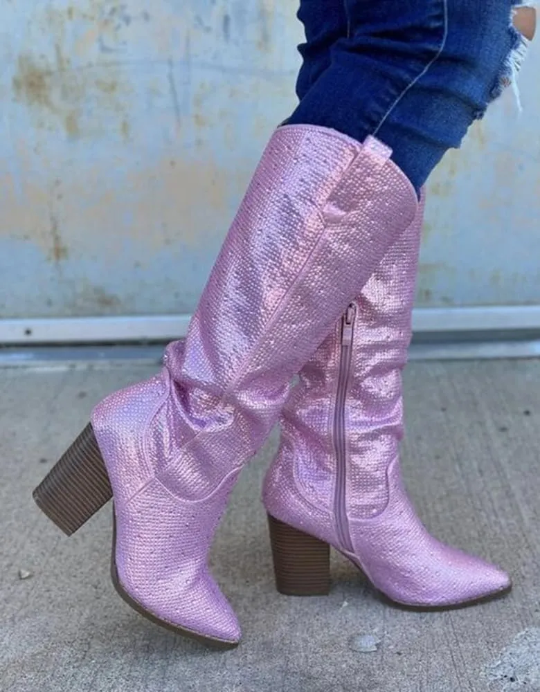 TOP Moda Women Knee High Boots Block High Heels Rhinestone Bling Glitter Side Zipper Pointed-Toe IMOGEN-38