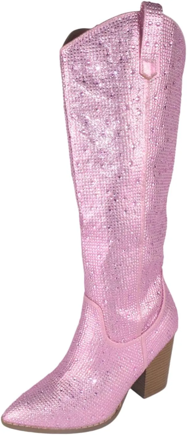 TOP Moda Women Knee High Boots Block High Heels Rhinestone Bling Glitter Side Zipper Pointed-Toe IMOGEN-38