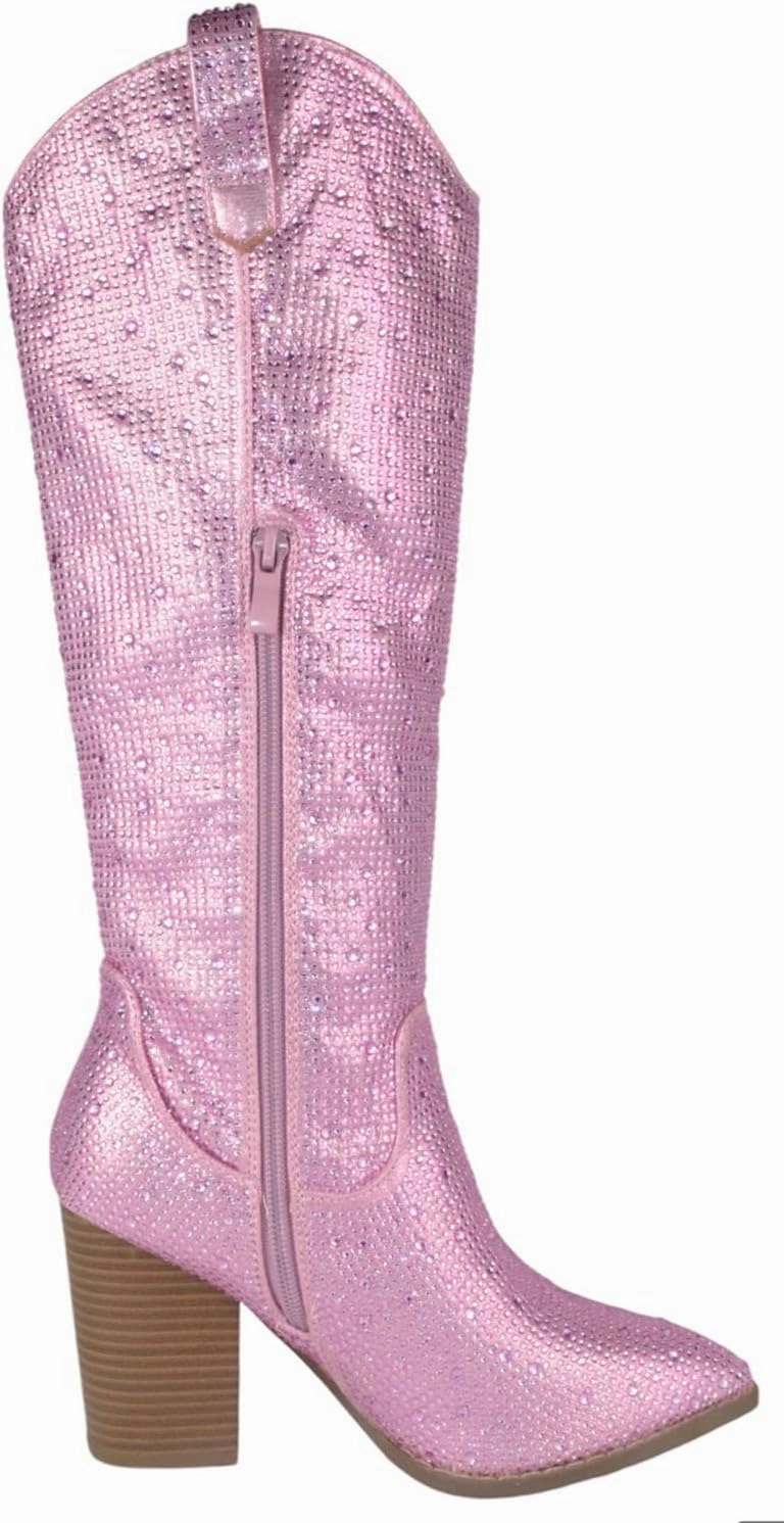 TOP Moda Women Knee High Boots Block High Heels Rhinestone Bling Glitter Side Zipper Pointed-Toe IMOGEN-38
