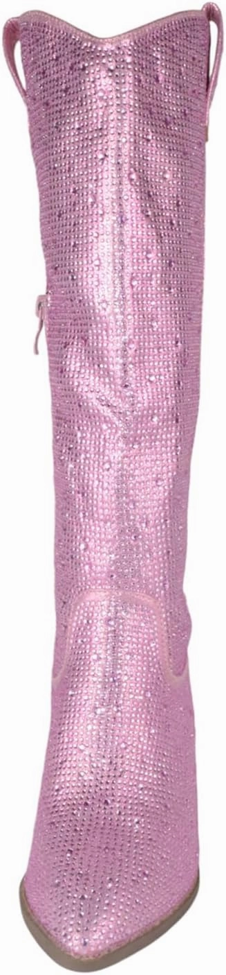 TOP Moda Women Knee High Boots Block High Heels Rhinestone Bling Glitter Side Zipper Pointed-Toe IMOGEN-38