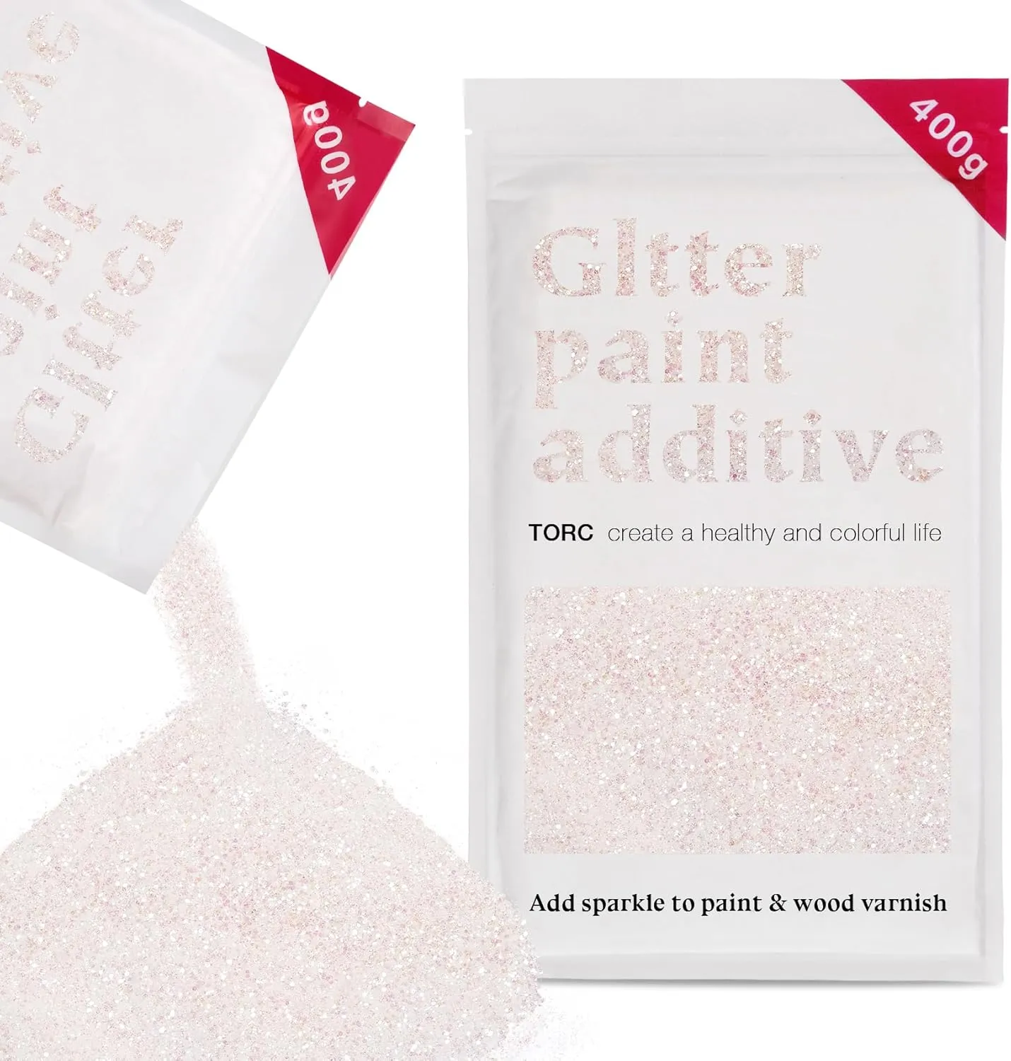 TORC Iridescent White Glitter Paint Additive - Multi-Size Glitter Powder for Acrylic Paint, Walls, Wood Furniture & Crafts (400g/14oz) - Interior/Exterior Use on All Finishes
