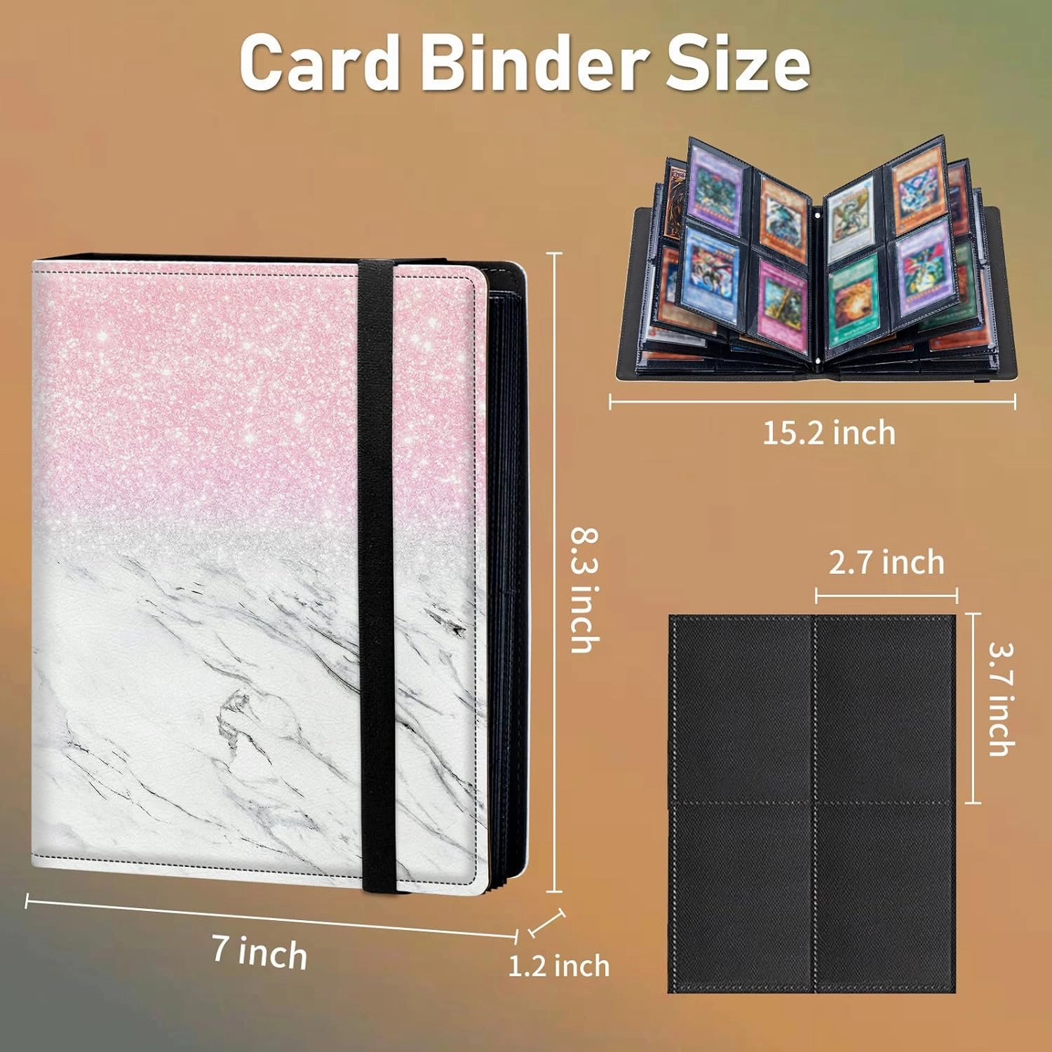 Trading Card Binder, 4 Pocket Trading Cards Album Display Holder, 160 Cards Double Sided Pockets Card Holder Binder Sleeves Card Case for Standard Size Cards Sports Cards,Pink Glitter Marble