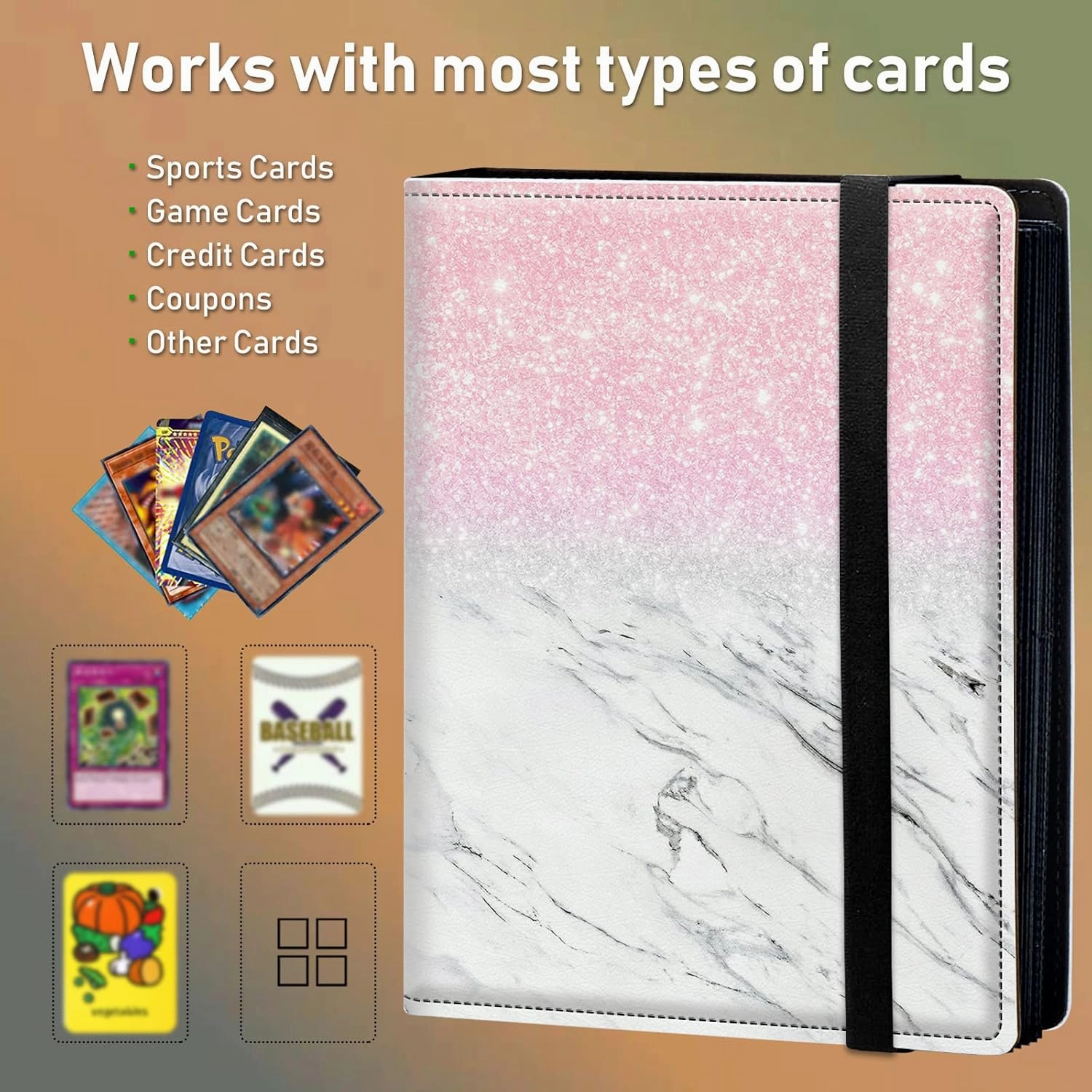 Trading Card Binder, 4 Pocket Trading Cards Album Display Holder, 160 Cards Double Sided Pockets Card Holder Binder Sleeves Card Case for Standard Size Cards Sports Cards,Pink Glitter Marble