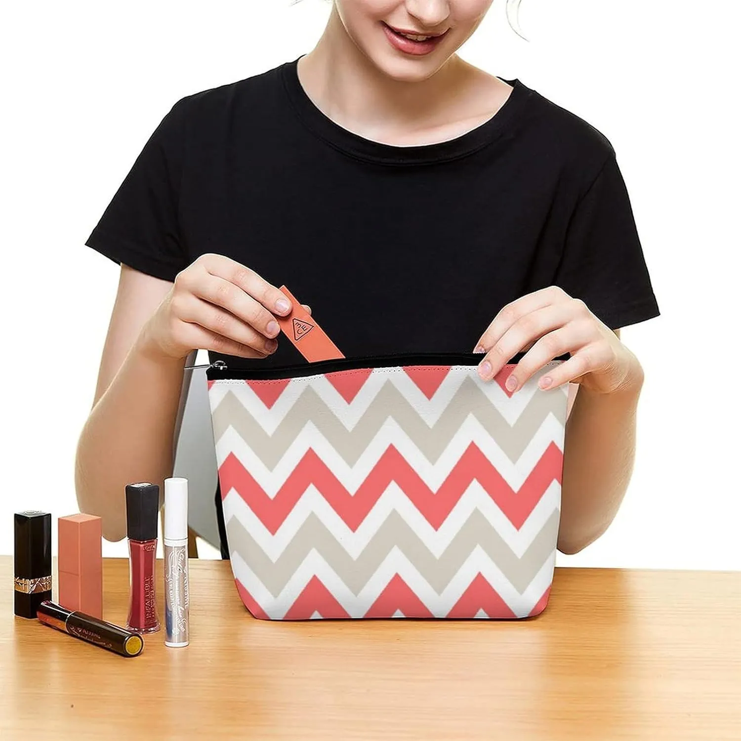 Travel Makeup Bag, Linen Beige and Coral Chevron Cosmetic Bags for Women Large Capacity Waterproof Toiletry Pouch Make up Organizer