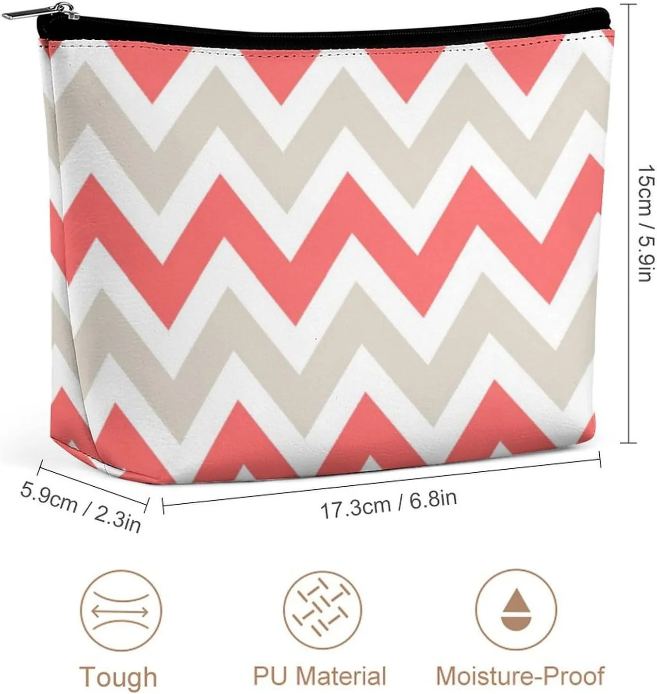 Travel Makeup Bag, Linen Beige and Coral Chevron Cosmetic Bags for Women Large Capacity Waterproof Toiletry Pouch Make up Organizer