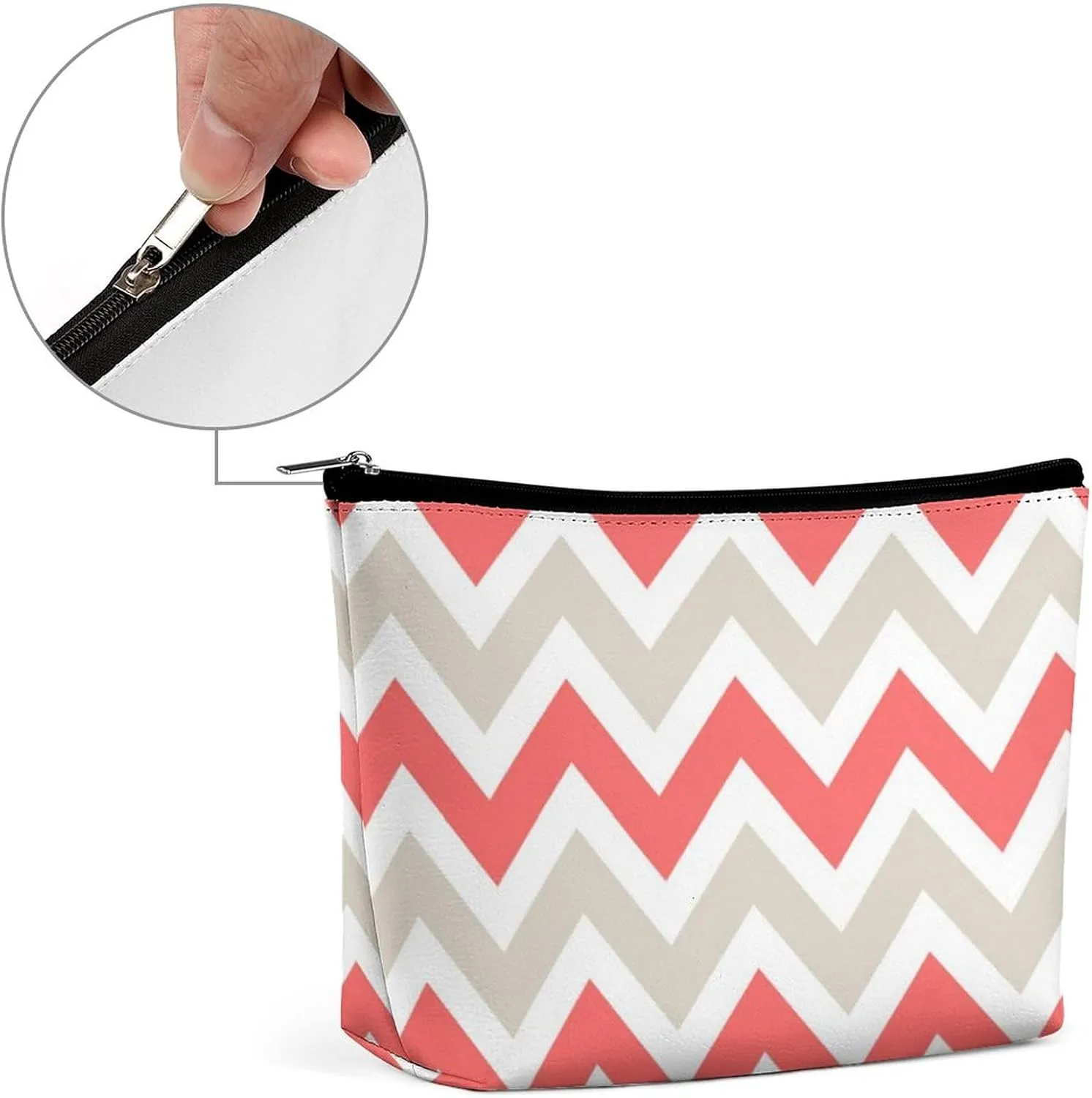 Travel Makeup Bag, Linen Beige and Coral Chevron Cosmetic Bags for Women Large Capacity Waterproof Toiletry Pouch Make up Organizer