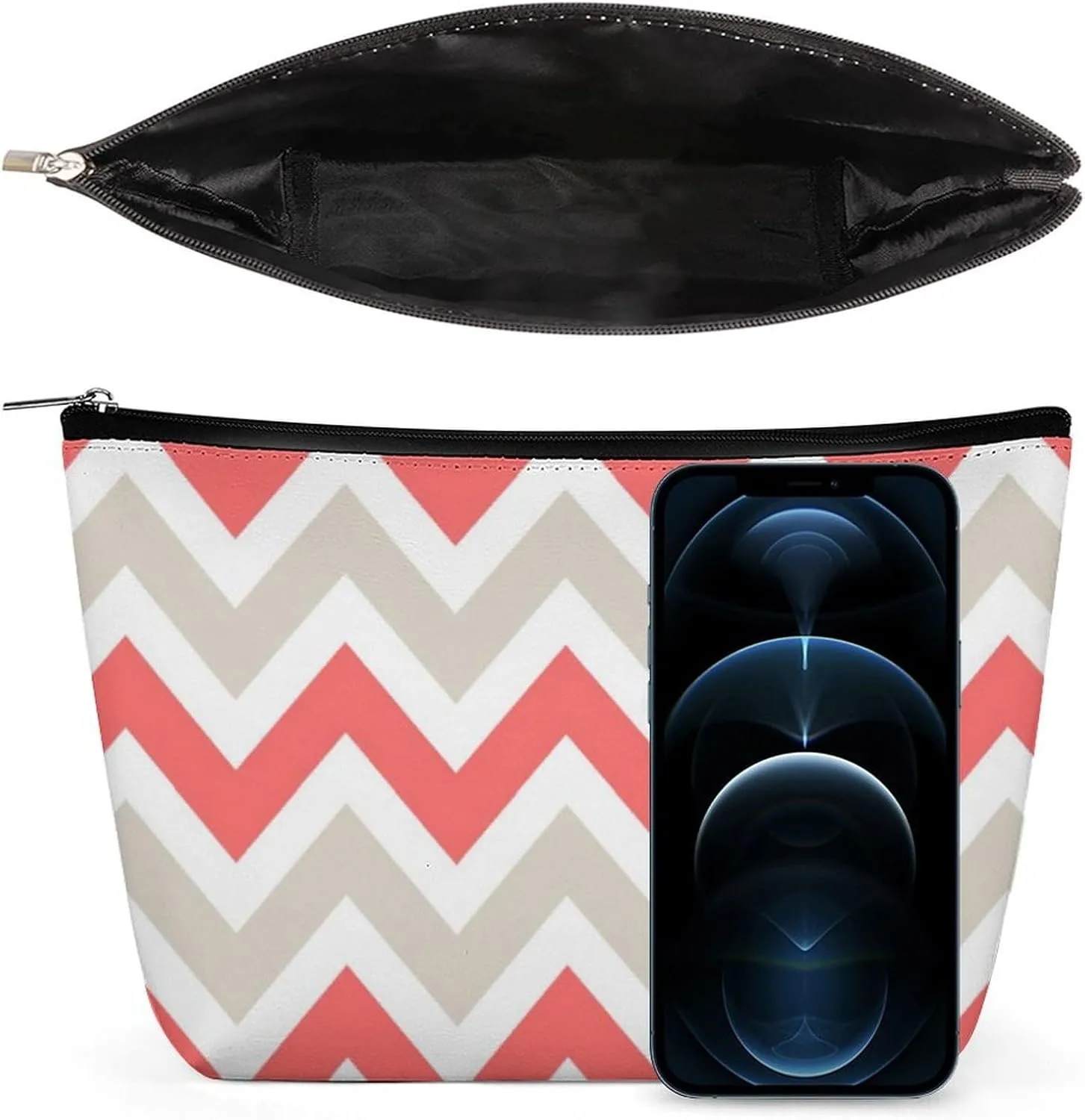 Travel Makeup Bag, Linen Beige and Coral Chevron Cosmetic Bags for Women Large Capacity Waterproof Toiletry Pouch Make up Organizer
