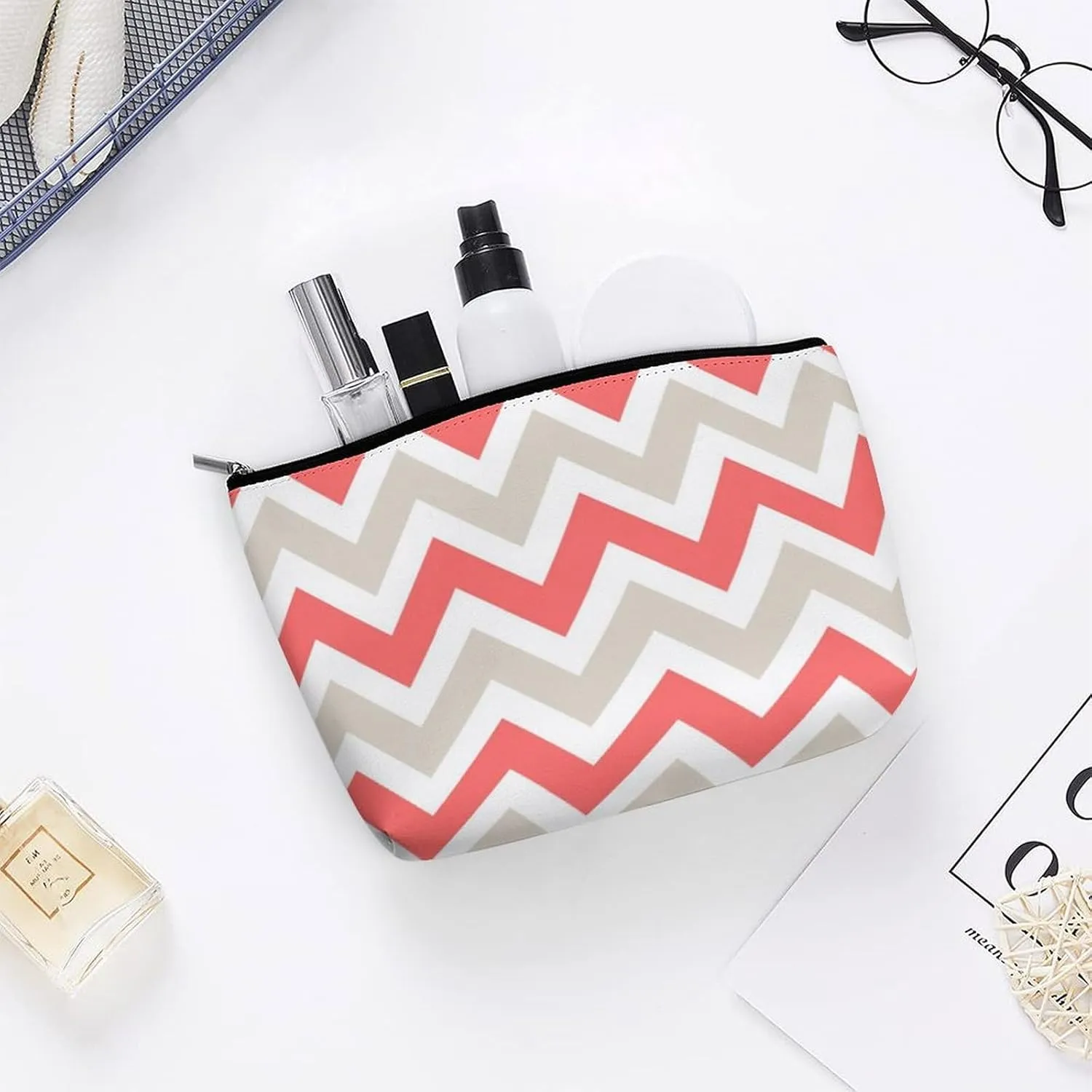 Travel Makeup Bag, Linen Beige and Coral Chevron Cosmetic Bags for Women Large Capacity Waterproof Toiletry Pouch Make up Organizer