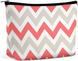 Travel Makeup Bag, Linen Beige and Coral Chevron Cosmetic Bags for Women Large Capacity Waterproof Toiletry Pouch Make up Organizer