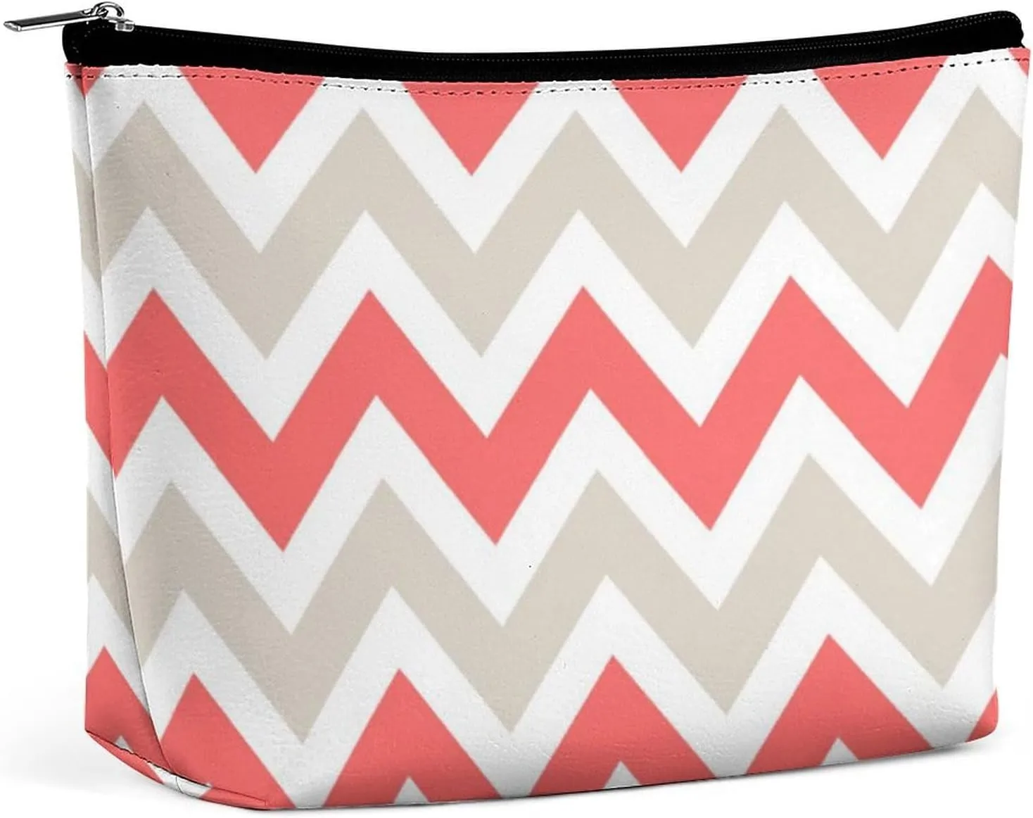 Travel Makeup Bag, Linen Beige and Coral Chevron Cosmetic Bags for Women Large Capacity Waterproof Toiletry Pouch Make up Organizer