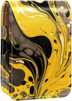 Travel Lipstick Organizer Case,Lipstick Case Portable Makeup Bag With Mirror,Black Yellow Gold Marble