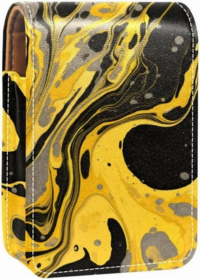 Travel Lipstick Organizer Case,Lipstick Case Portable Makeup Bag With Mirror,Black Yellow Gold Marble