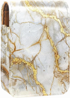 Travel Lipstick Organizer Case,Lipstick Case Portable Makeup Bag With Mirror,Classic White Gold Marble