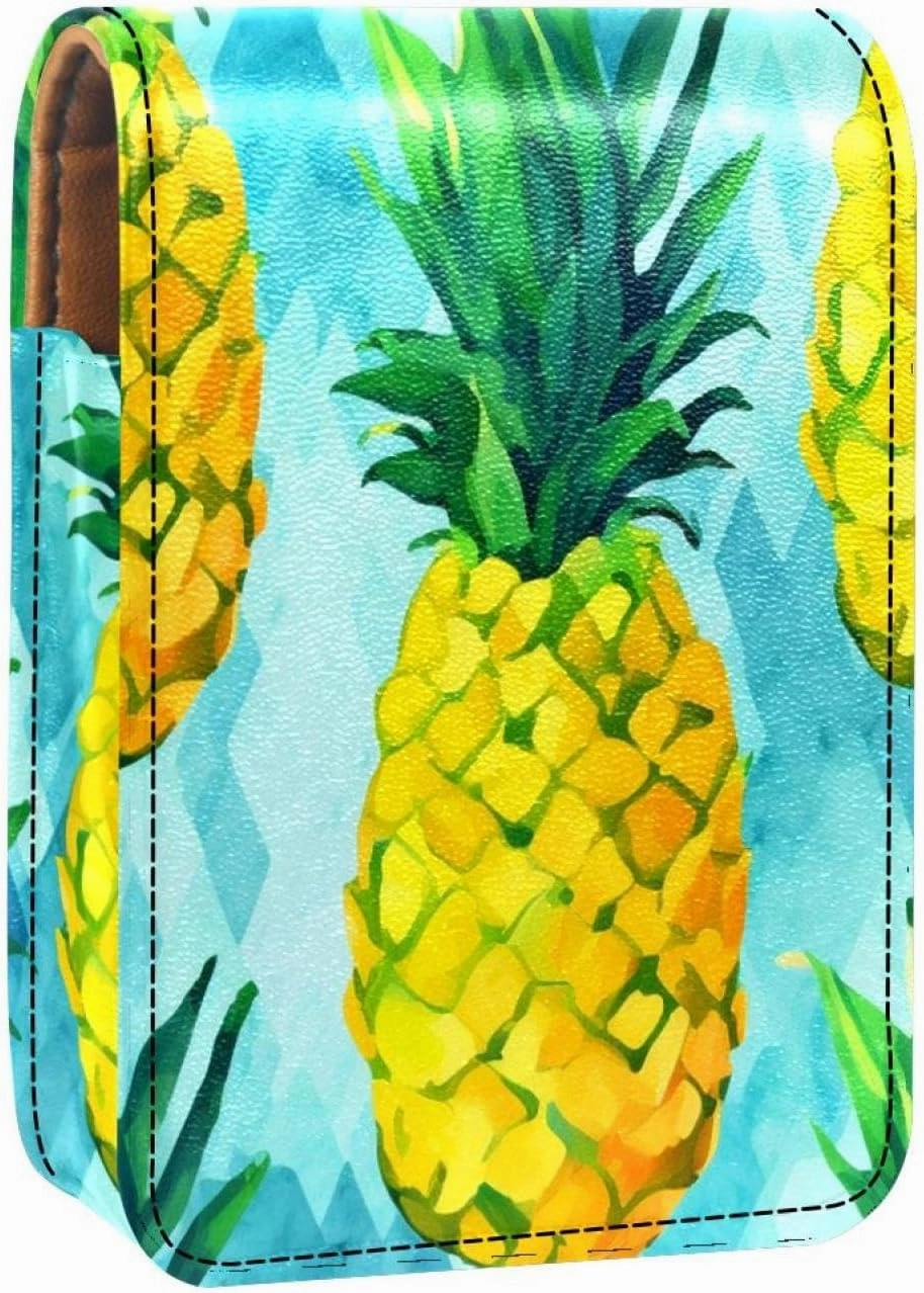 Travel Lipstick Organizer Case,Lipstick Case Portable Makeup Bag With Mirror,Floral Gold Fruit Pineapple