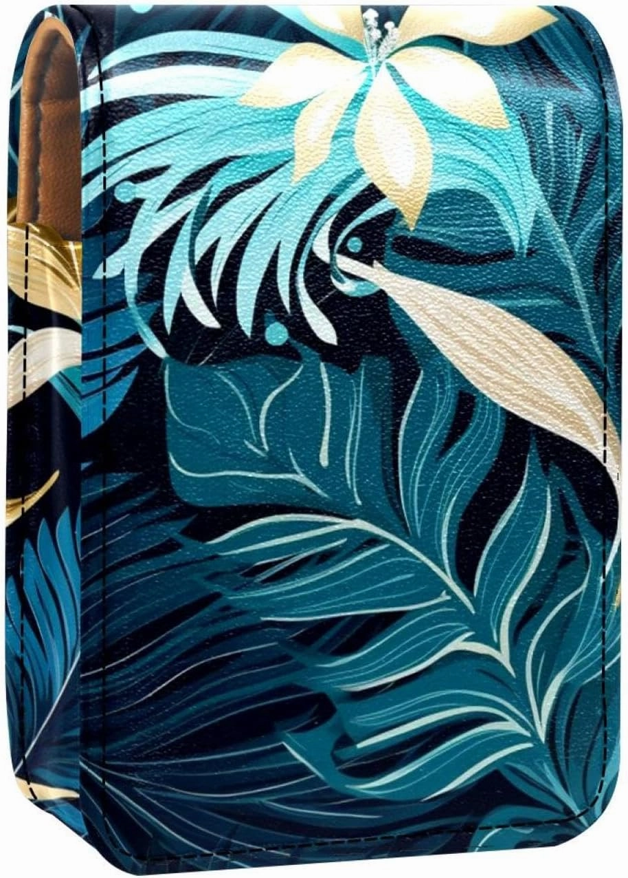 Travel Lipstick Organizer Case,Lipstick Case Portable Makeup Bag With Mirror,Tropical Leaves Graphic Gold