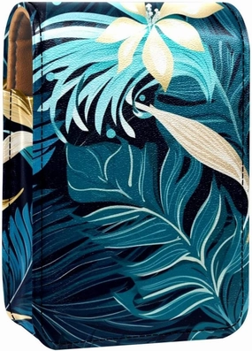 Travel Lipstick Organizer Case,Lipstick Case Portable Makeup Bag With Mirror,Tropical Leaves Graphic Gold