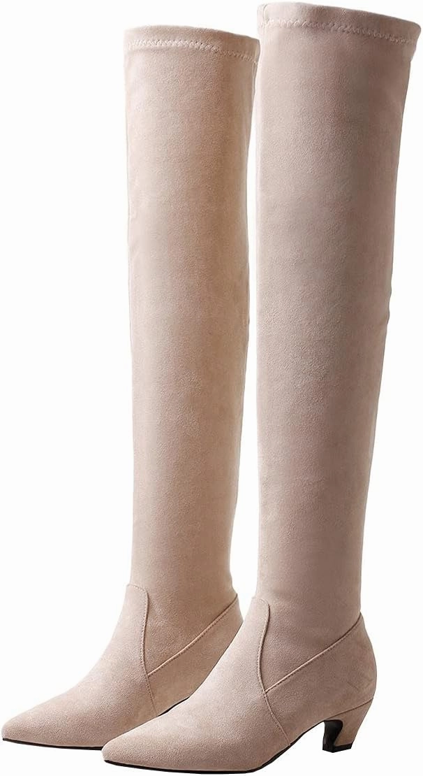 Trendenzy Womens Pointed Toe Kitten Heel Thigh High Boots Faux Suede Stretch Over The Knee Boots