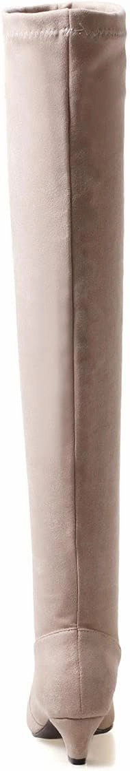Trendenzy Womens Pointed Toe Kitten Heel Thigh High Boots Faux Suede Stretch Over The Knee Boots