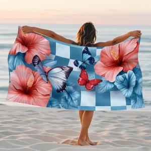 Tropical Hibiscus Butterfly Beach Towel Extra Large Coral Floral Print Sand Free Quick Dry Soft Lightweight Pool Blanket, Vacation Travel Picnic Essentials 70x35 Inch