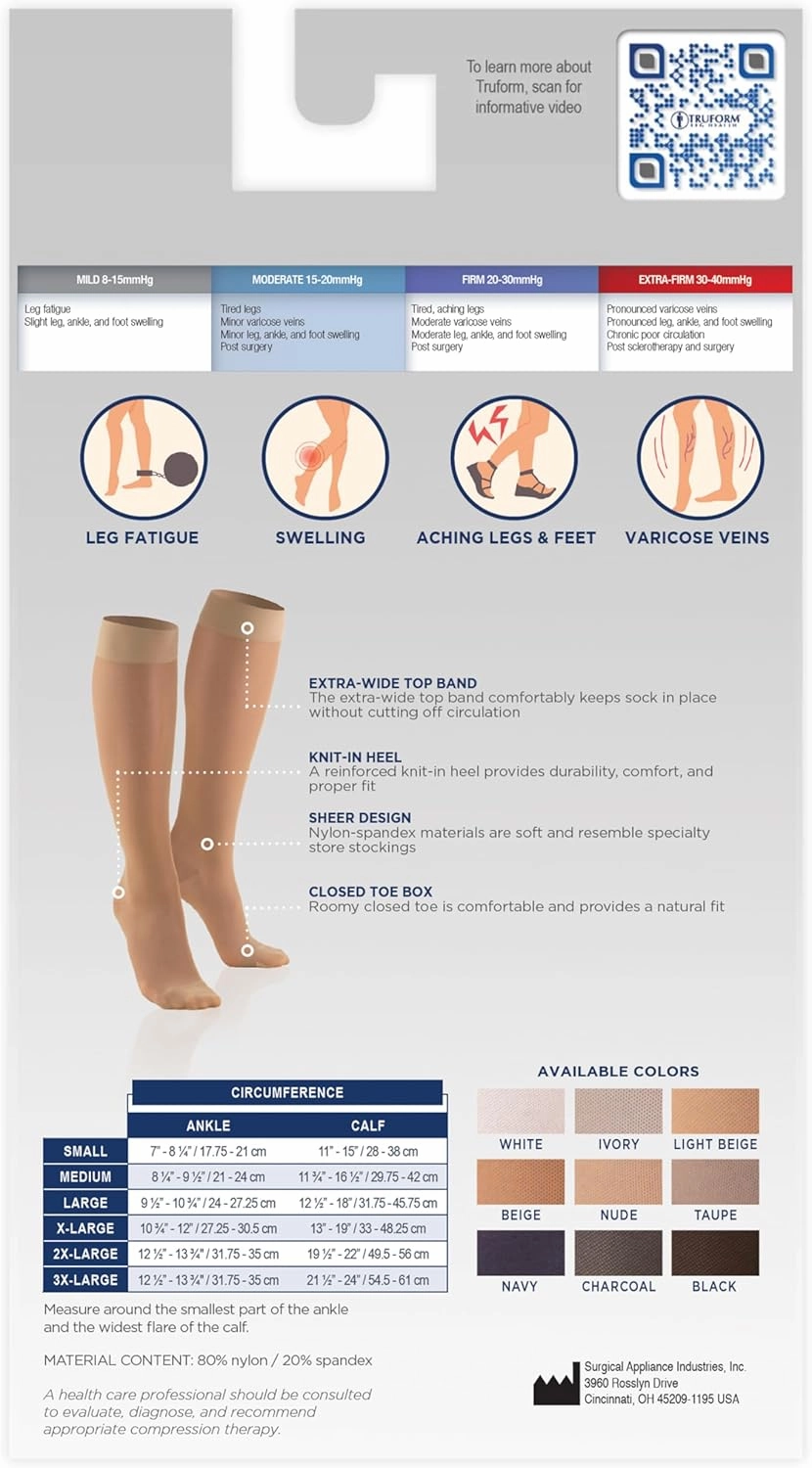 Truform Sheer Compression Stockings, 15-20 mmHg, Women's Knee High Length, 20 Denier, Beige, Medium