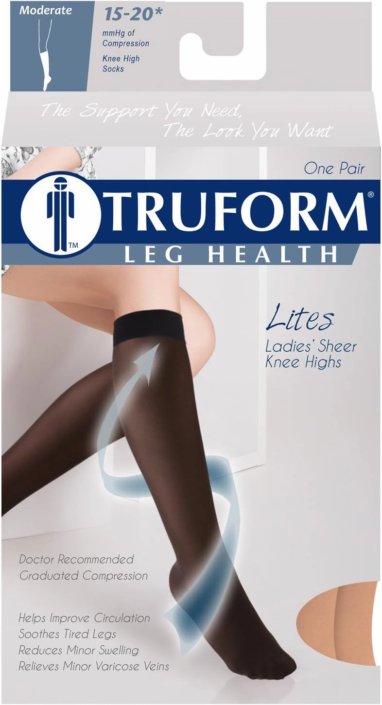 Truform Sheer Compression Stockings, 15-20 mmHg, Women's Knee High Length, 20 Denier, Beige, Medium