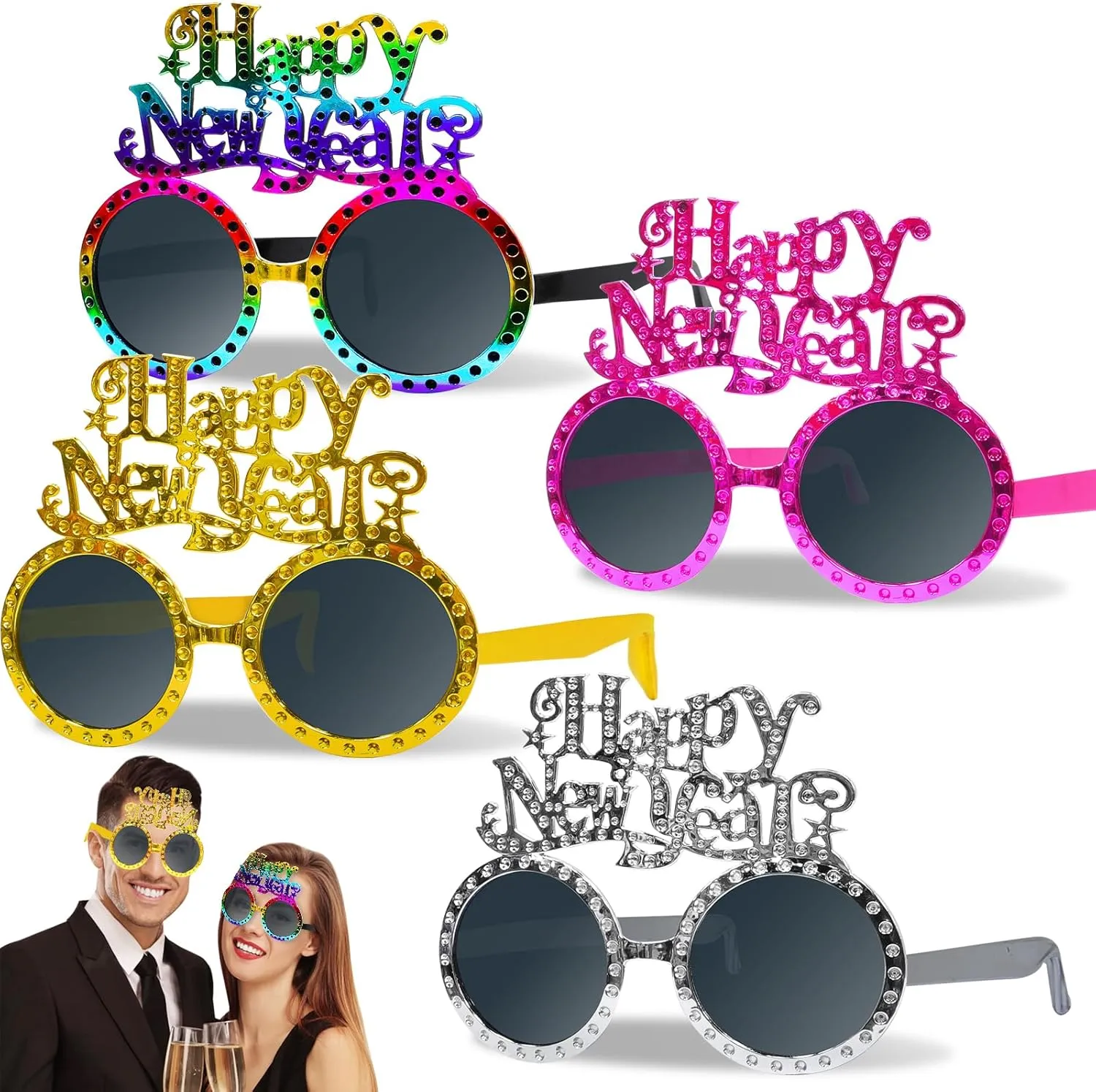 TURNMEON 12 Pairs Happy New Year Eyeglasses New Years Eve Party Supplies 2025, Glitter Round Shaped Glasses New Years Eyewear Funny Sunglasses for New Year Celebration Photo Props Party Favors
