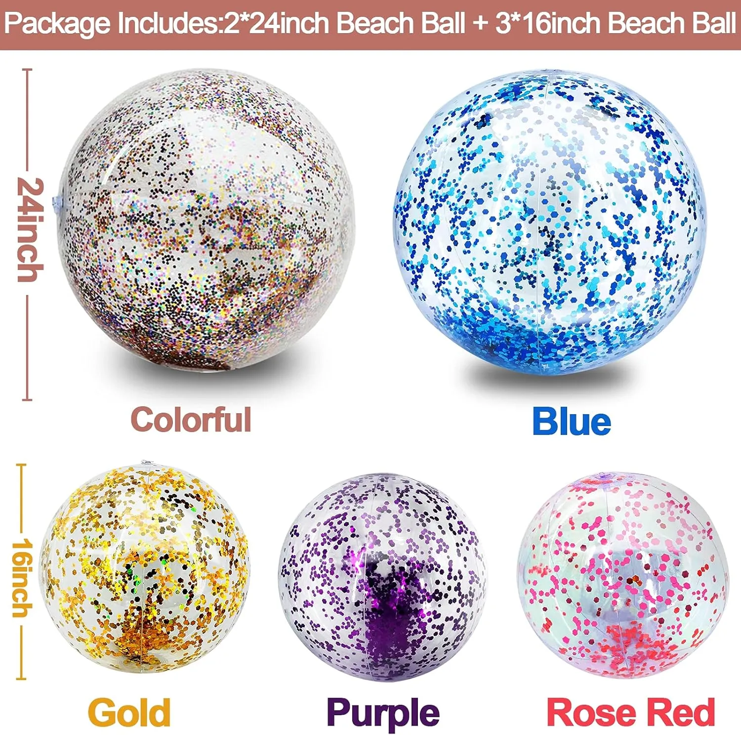 TURNMEON 5 Pack Sequins Beach Ball Jumbo Pool Toys Balls 16 Inch 24 Inch Giant Confetti Glitters Inflatable Clear Beach Ball Swimming Pool Water Beach Toys Outdoor Summer Party Favors for Kids Adults