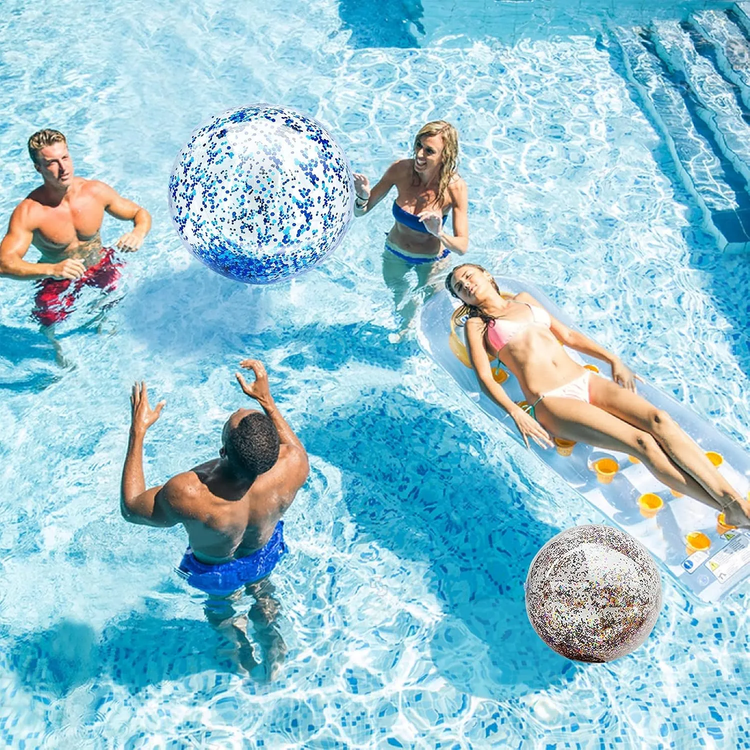 TURNMEON 5 Pack Sequins Beach Ball Jumbo Pool Toys Balls 16 Inch 24 Inch Giant Confetti Glitters Inflatable Clear Beach Ball Swimming Pool Water Beach Toys Outdoor Summer Party Favors for Kids Adults