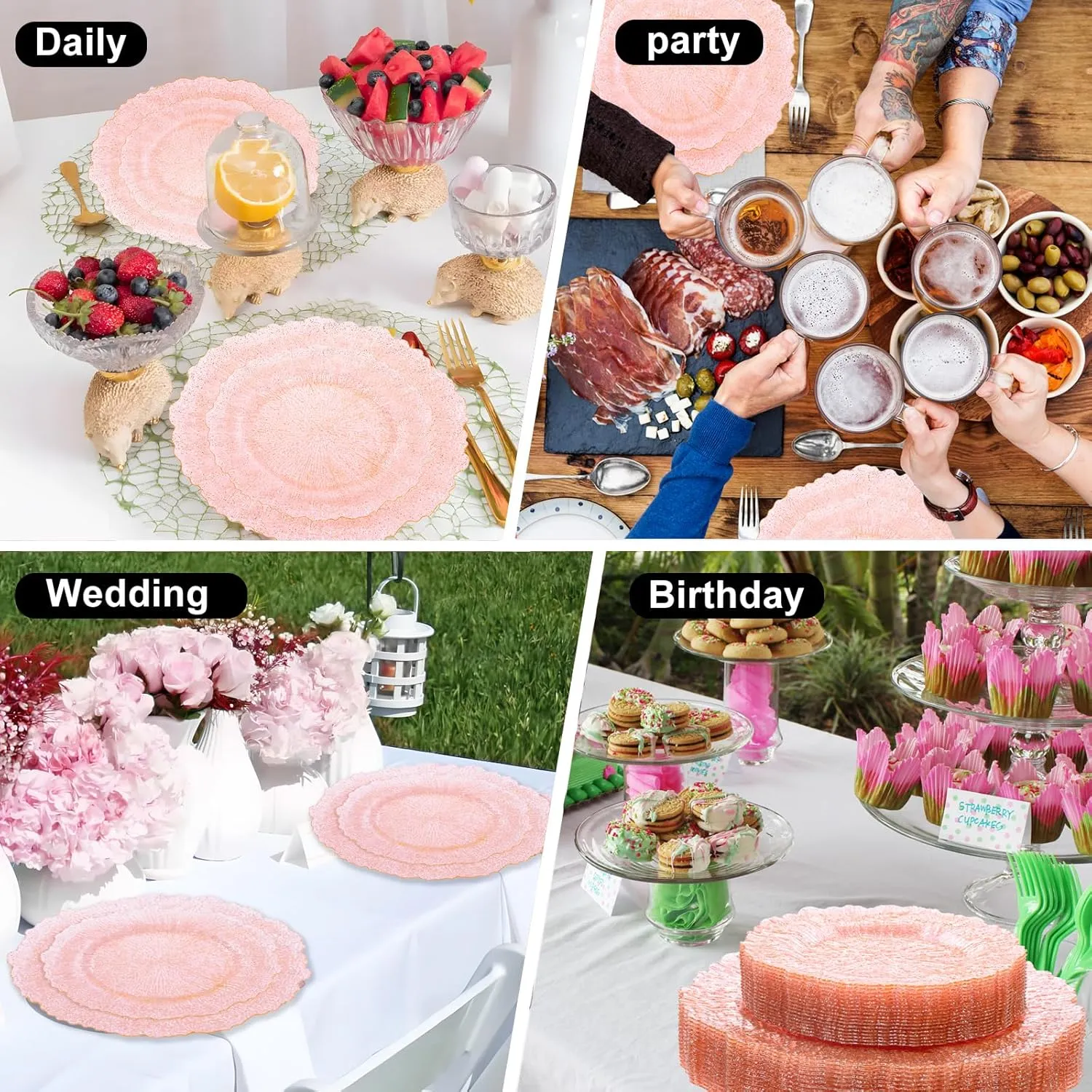 U-QE 60PCS Pink Plates for Party - Pink Plastic Plates Disposable&Reusable - Clear Pink Heavy Duty Plastic Plates for Party Including 30 Plastic Dinner Plates 10.25" & 30 Plastic Dessert Plates 7"