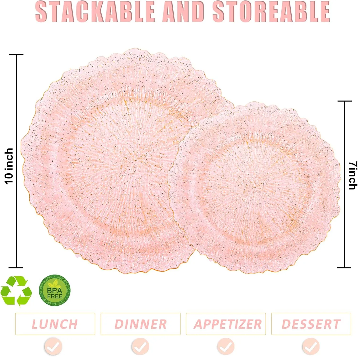 U-QE 60PCS Pink Plates for Party - Pink Plastic Plates Disposable&Reusable - Clear Pink Heavy Duty Plastic Plates for Party Including 30 Plastic Dinner Plates 10.25" & 30 Plastic Dessert Plates 7"