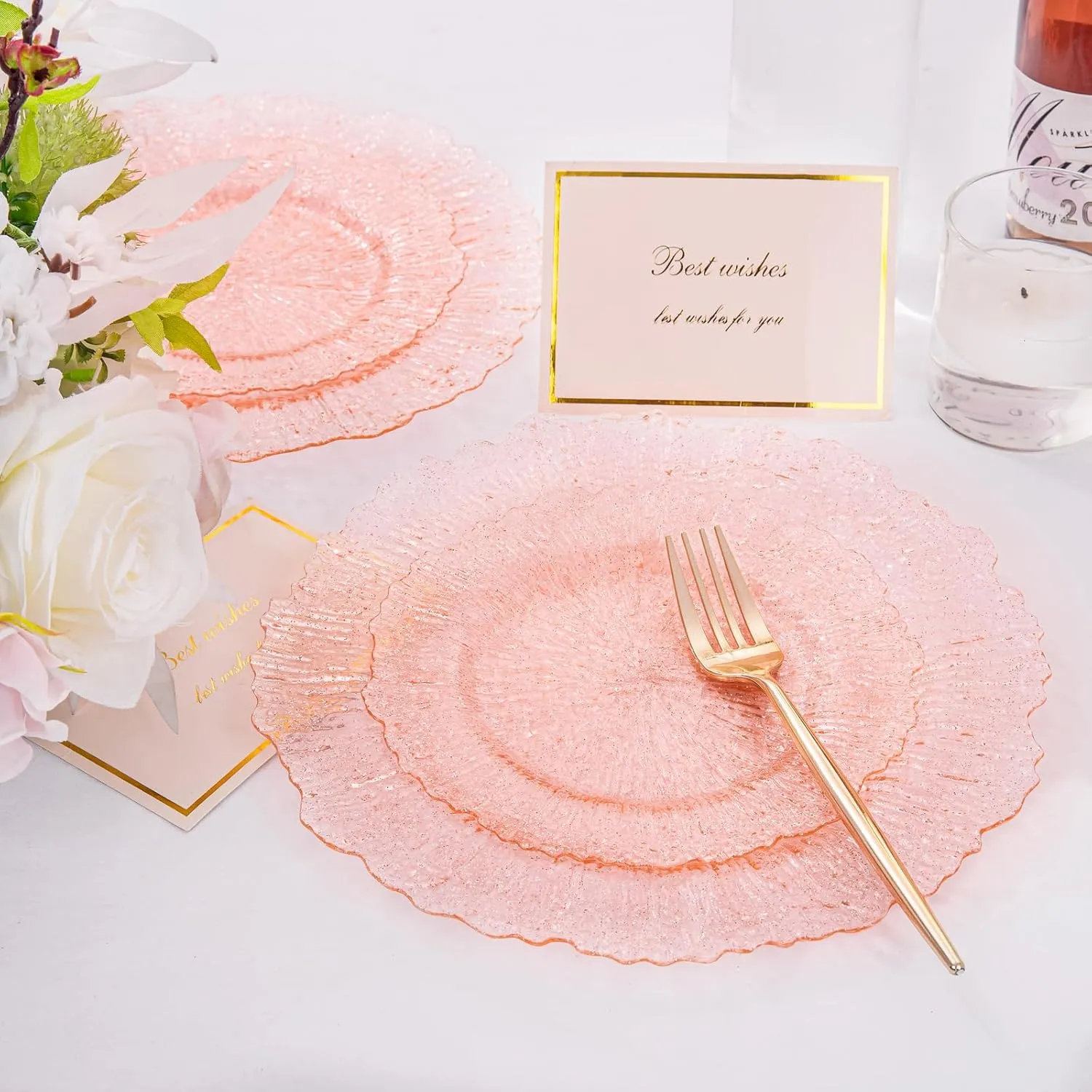 U-QE 60PCS Pink Plates for Party - Pink Plastic Plates Disposable&Reusable - Clear Pink Heavy Duty Plastic Plates for Party Including 30 Plastic Dinner Plates 10.25" & 30 Plastic Dessert Plates 7"