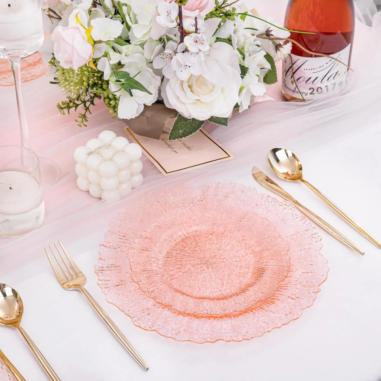 U-QE 60PCS Pink Plates for Party - Pink Plastic Plates Disposable&Reusable - Clear Pink Heavy Duty Plastic Plates for Party Including 30 Plastic Dinner Plates 10.25" & 30 Plastic Dessert Plates 7"