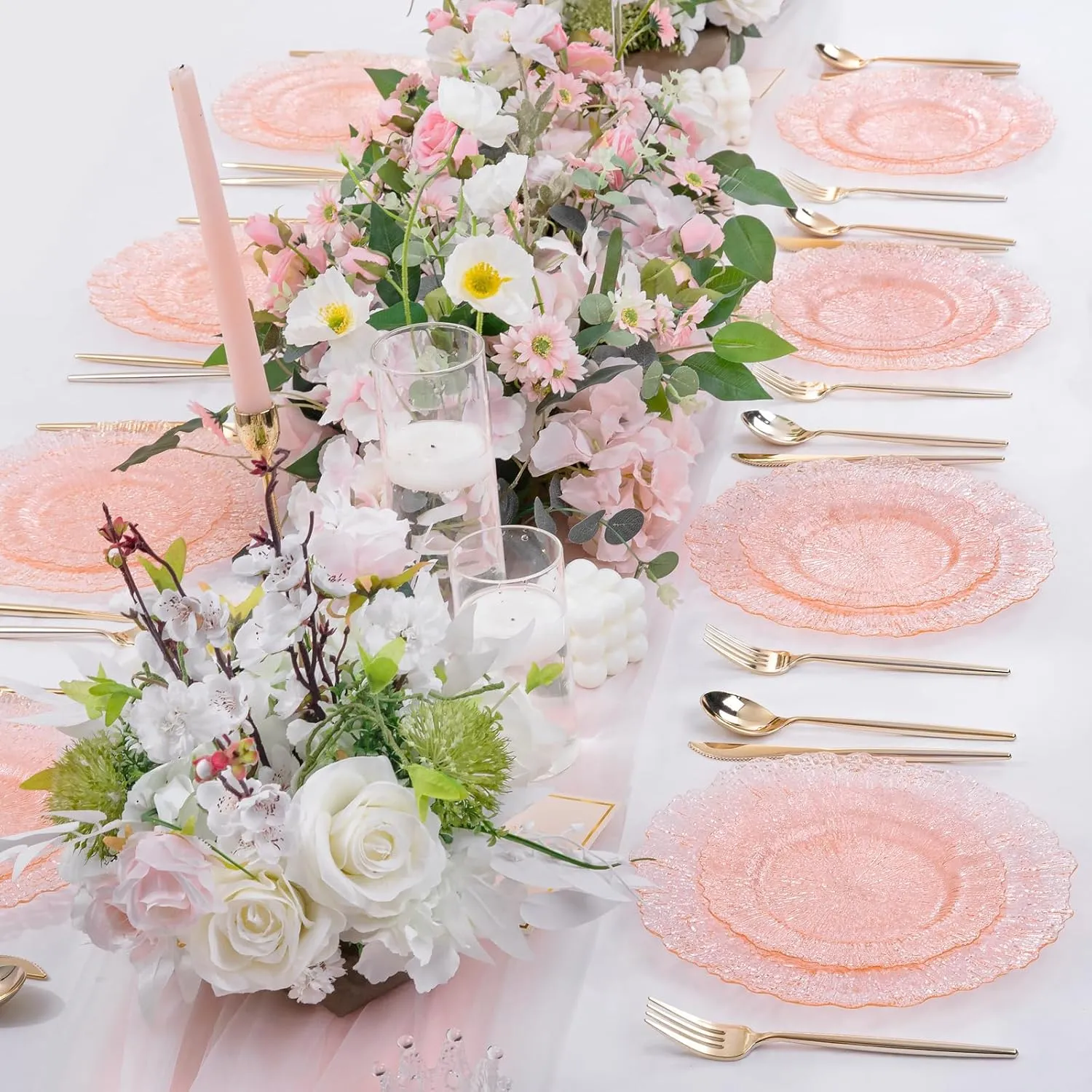 U-QE 60PCS Pink Plates for Party - Pink Plastic Plates Disposable&Reusable - Clear Pink Heavy Duty Plastic Plates for Party Including 30 Plastic Dinner Plates 10.25" & 30 Plastic Dessert Plates 7"