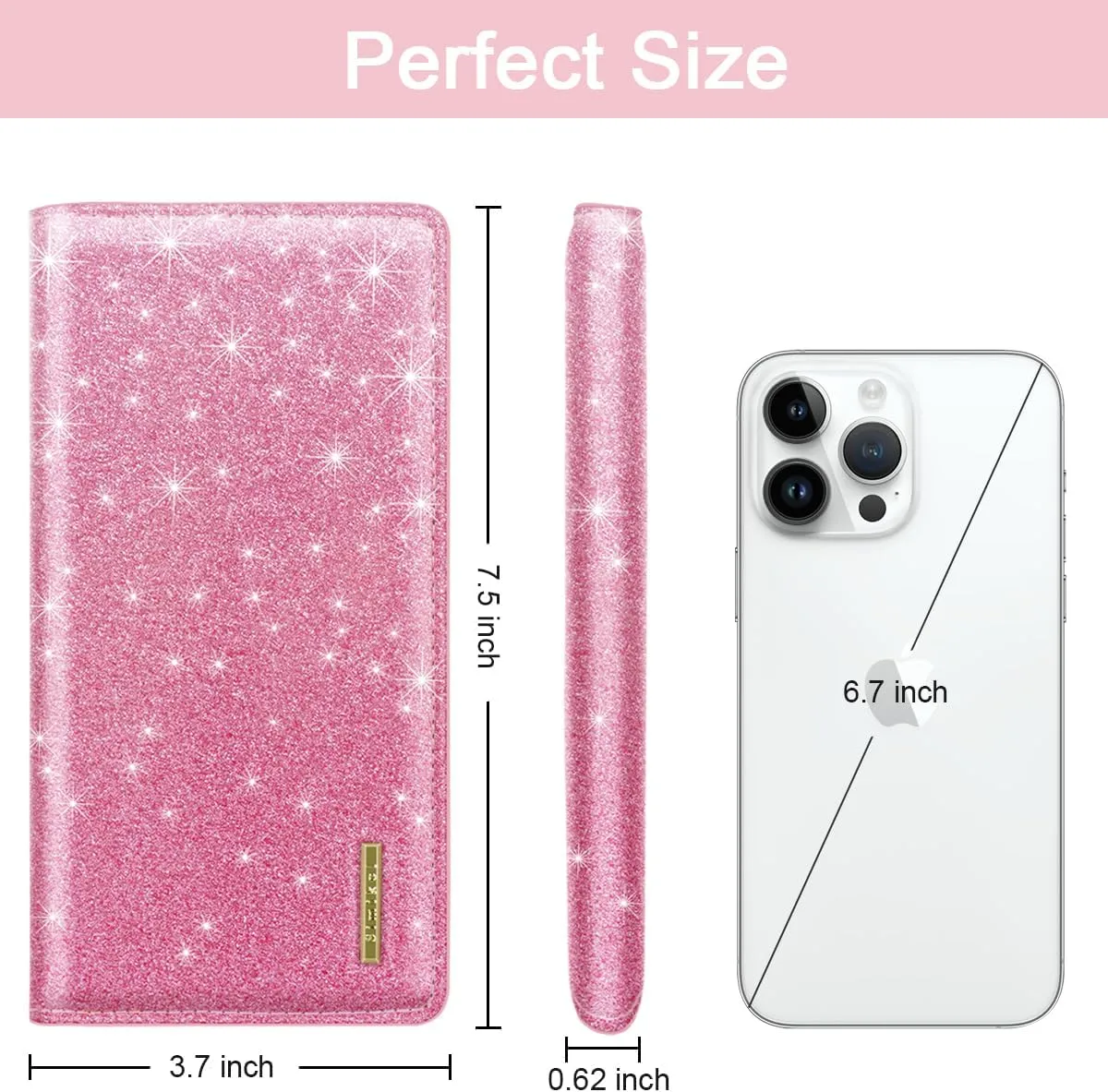 Ultra Slim Womens Wallet Minimalist Thin Long Leather Bifold Wallet RFID Blocking Card Holder Organizer with Zipper Coin Pocket Ladies Girls Gift Purse, Glitter Dark Pink
